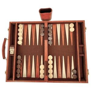 Backgammon Set Brown White Checkers Leatherette Case Complete but 1 Shaker Rules